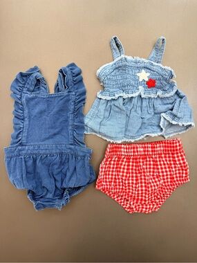 Kids Blue Denim Romper & Top Set with Red Gingham Bloomers